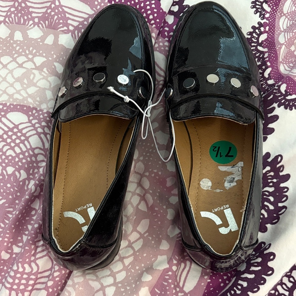 Report Black Patent Leather Flats with Silver Accents